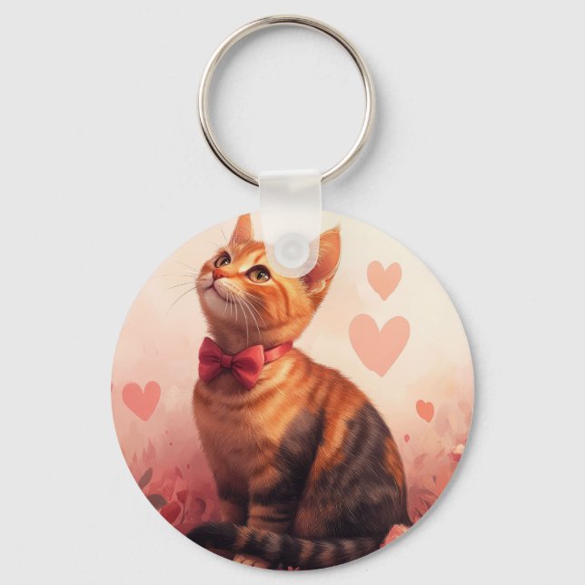 Abyssinian Cat with Roses - Valentine's Day Keychain (Front)