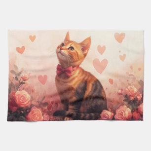 Abyssinian Cat with Roses - Valentine's Day  Kitchen Towel