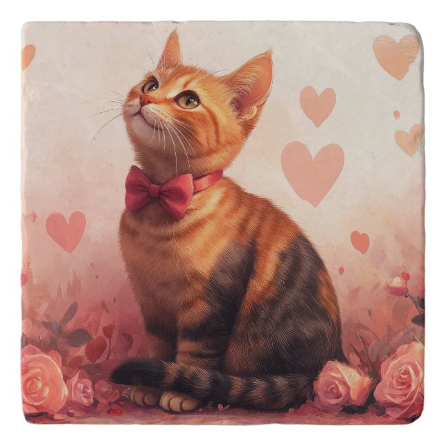 Abyssinian Cat with Roses - Valentine's Day  Trivet (Front)