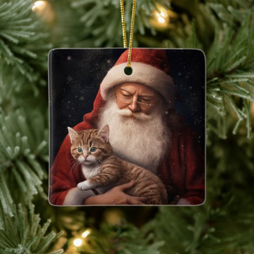 Abyssinian Cat with Santa Claus Festive Christmas  Ceramic Ornament
