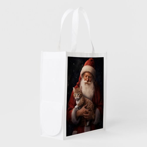 Abyssinian Cat with Santa Claus Festive Christmas  Grocery Bag