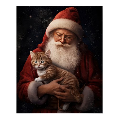 Abyssinian Cat with Santa Claus Festive Christmas  Poster