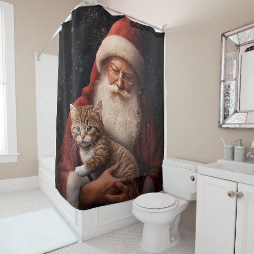 Abyssinian Cat with Santa Claus Festive Christmas  Shower Curtain