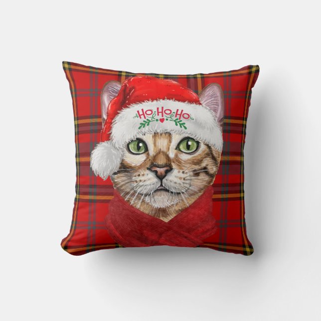Abyssinian Christmas Cat on Red Plaid Holiday Throw Pillow (Front)