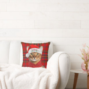Abyssinian Christmas Cat on Red Plaid Holiday Throw Pillow