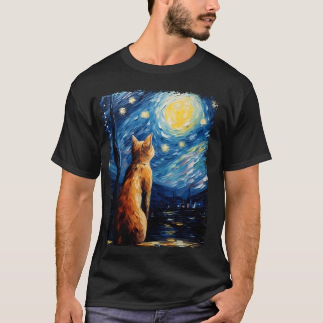 Abyssinian Orange Cat Starry Night Painting T-Shirt (Front)