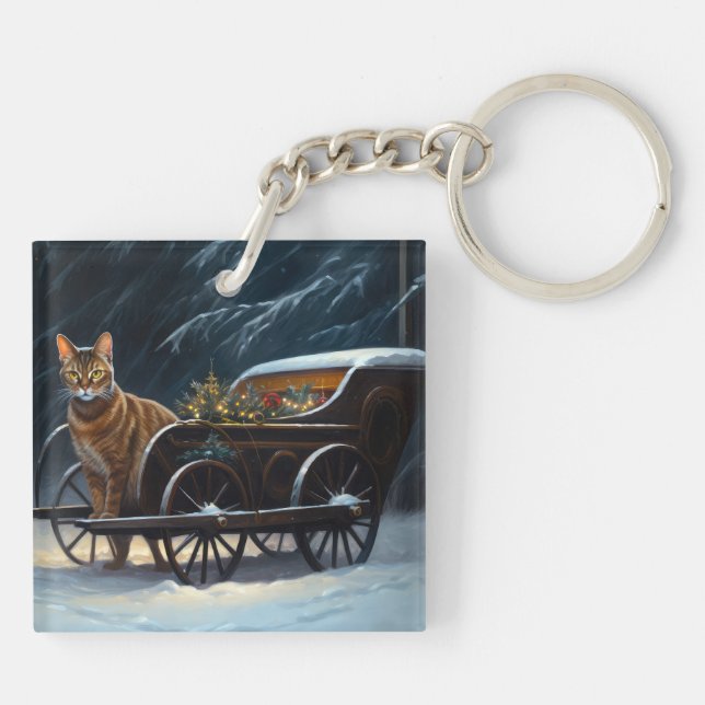 Abyssinian Snowy Sleigh Ride Christmas Decor Keychain (Back)