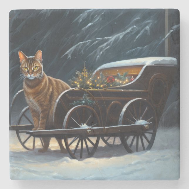 Abyssinian Snowy Sleigh Ride Christmas Decor Stone Coaster (Front)