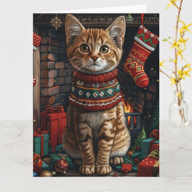 Abyssinian with Christmas Gifts Fireplace Card (Yellow Flower)