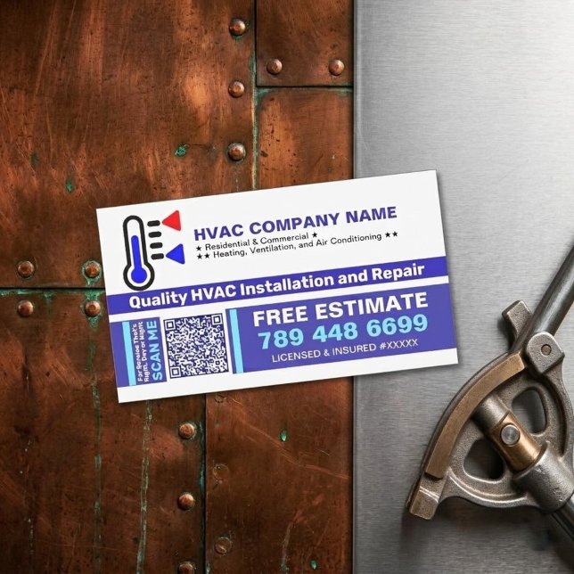 AC Air Conditioning (QR Code & Logo) Unique HVAC Business Card Magnet (HVAC technician marketing materials, business cards with QR code, heating and cooling service magnet)