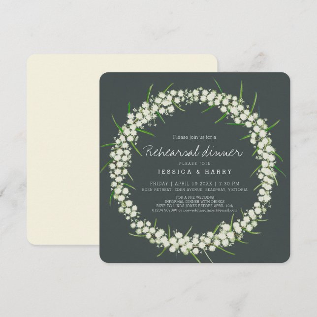 Acacia art flowers green pre wedding rehearsal invitation (Front/Back)