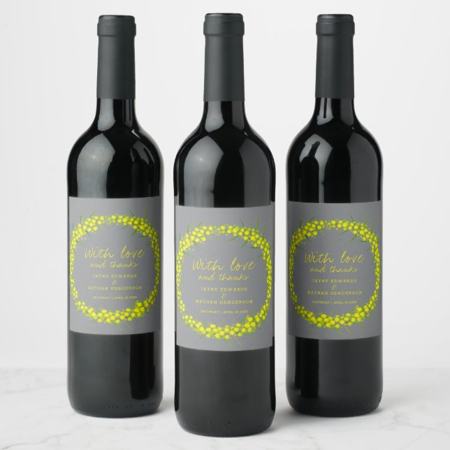 Acacia gray yellow flower watercolor wine labels (Bottles)