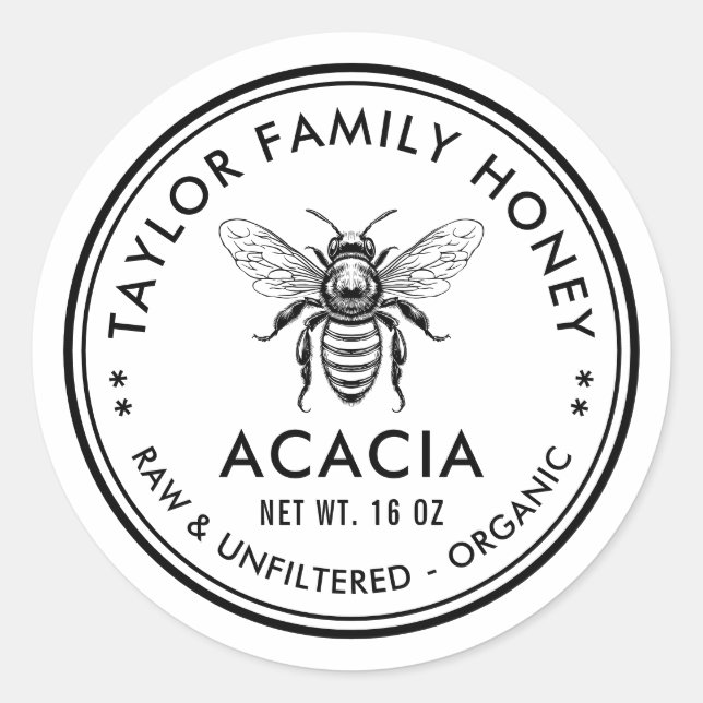 Acacia honey label with honey bee (Front)
