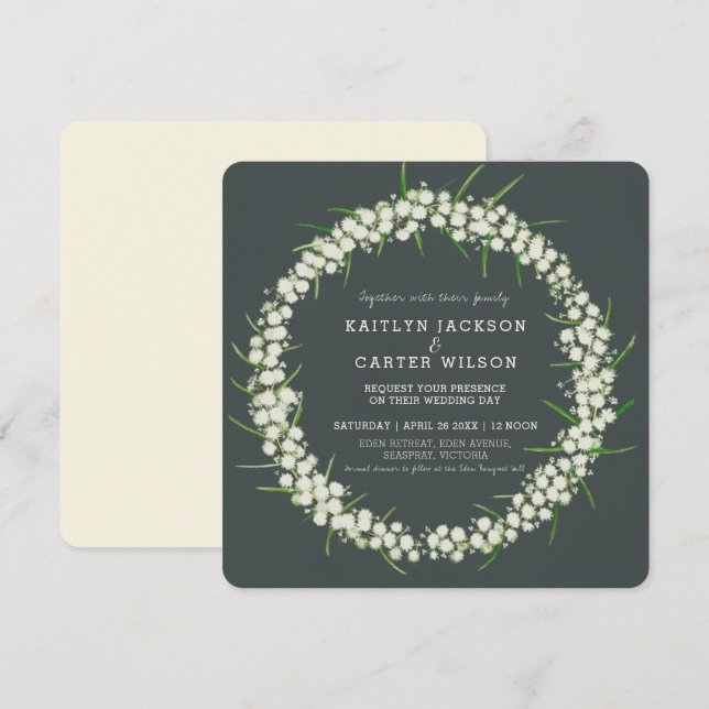Acacia light wattle flower wreath art wedding invitation (Front/Back)