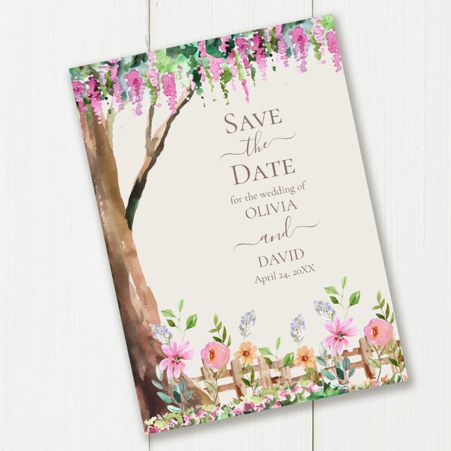 Acacia on a Wildflower Field Save the Date Card (Acacia on a Wildflower Field Save the Date Card on wooden table.)