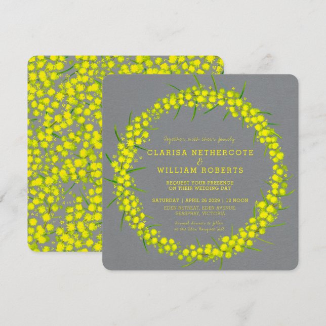 Acacia wattle floral art yellow gray wedding invitation (Front/Back)