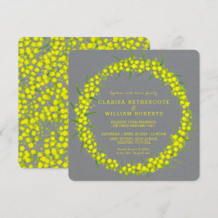 Acacia wattle floral art yellow gray wedding invitation
