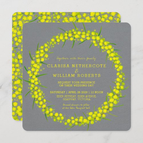 Acacia wattle floral art yellow gray wedding invitation