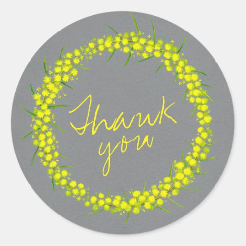 Acacia wattle wreath wedding thank you gray yellow classic round sticker
