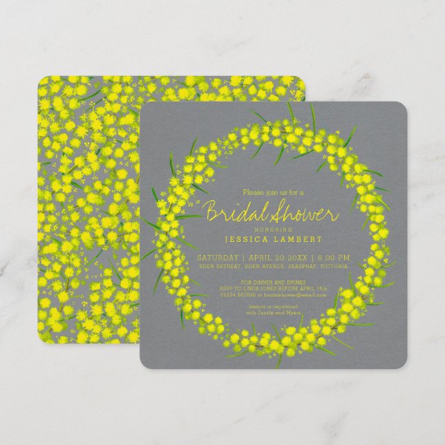 Acacia yellow gray art flowers bridal shower invitation (Front/Back)
