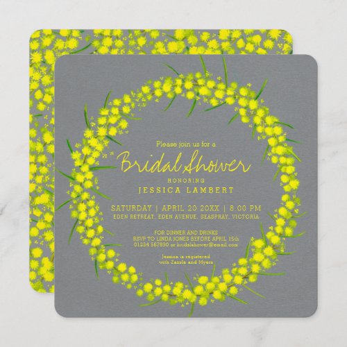 Acacia yellow gray art flowers bridal shower invitation