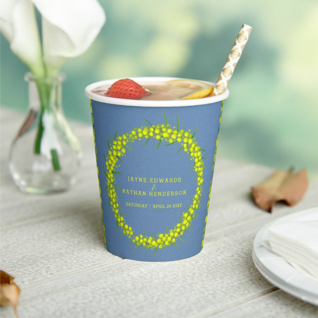Acacia yellow wattle on blue art wedding paper cups (Insitu)