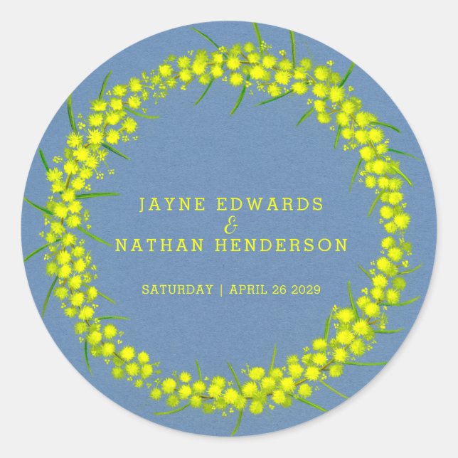 Acacia yellow wattle wreath wedding stickers (Front)