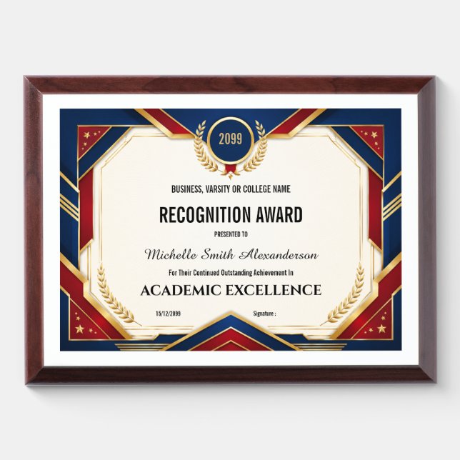Academic recognition editable college varsity  award plaque (Horizontal)