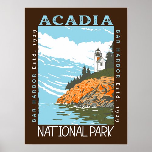 Acadia National Park Bar Harbor Lighthouse Vintage Poster