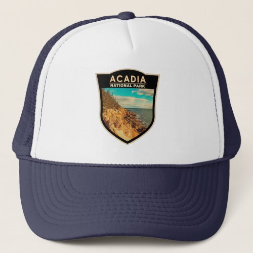 Acadia National Park Bar Harbor Watercolor Badge Trucker Hat