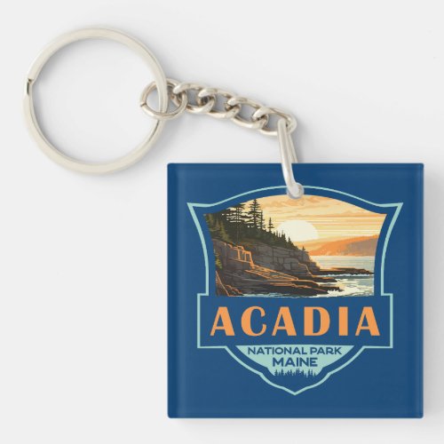 Acadia National Park Illustration Retro Badge Keychain