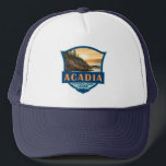 Acadia National Park Illustration Retro Badge Trucker Hat<br><div class="desc">Acadia vector artwork design. Acadia National Park is primarily on Maine's Mount Desert Island. Its landscape is marked by woodland,  rocky beaches and glacier-scoured granite peaks such as Cadillac Mountain.</div>