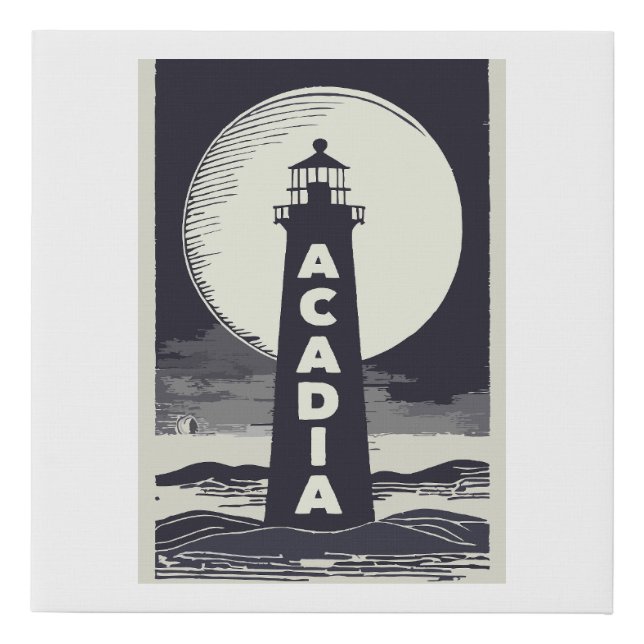 Acadia National Park Lighthouse Moon Faux Canvas Print (Front)