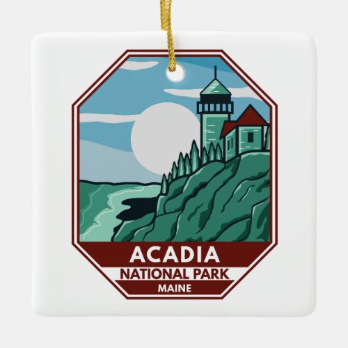 Acadia National Park Maine Lighthouse Retro Emblem Ceramic Ornament