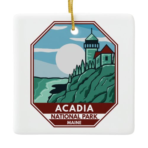 Acadia National Park Maine Lighthouse Retro Emblem Ceramic Ornament