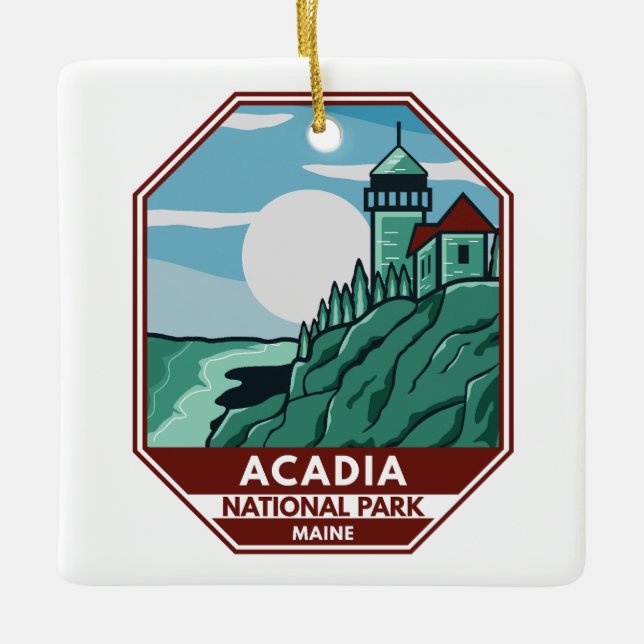 Acadia National Park Maine Lighthouse Retro Emblem Ceramic Ornament (Front)