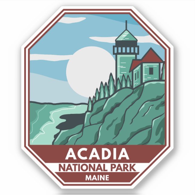 Acadia National Park Maine Lighthouse Retro Emblem Sticker (Front)