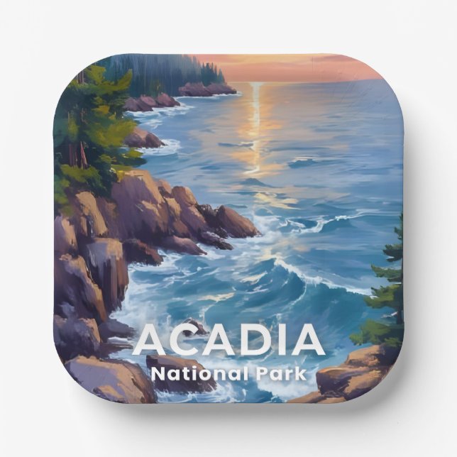Acadia National Park | Maine Painting Travel Art Paper Plates (Front)