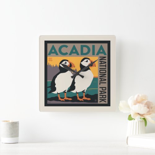 Acadia National Park Maine  Puffins Square Wall Clock