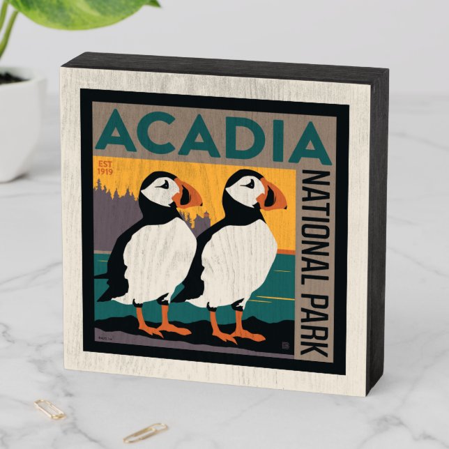 Acadia National Park, Maine | Puffins Wooden Box Sign (In Situ Horizontal)