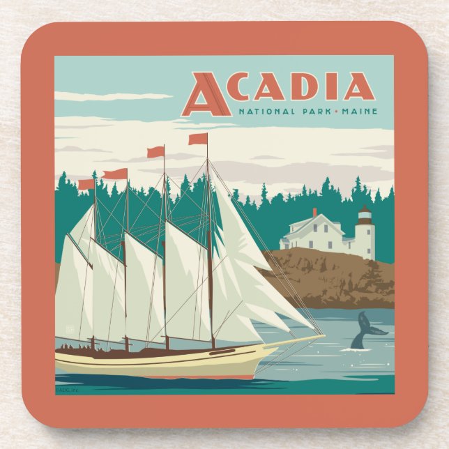 Acadia National Park, Maine | Sailboat & Whale Beverage Coaster (Front)