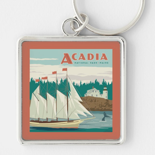 Acadia National Park, Maine | Sailboat & Whale Keychain (Front)
