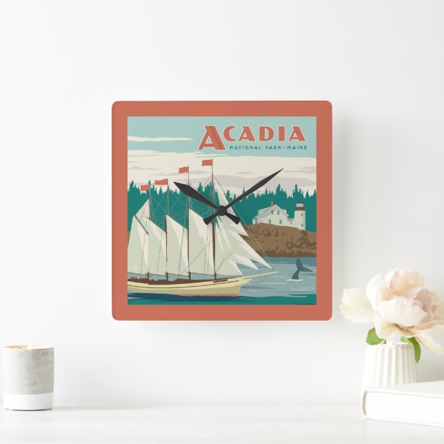 Acadia National Park, Maine | Sailboat & Whale Square Wall Clock (Home)