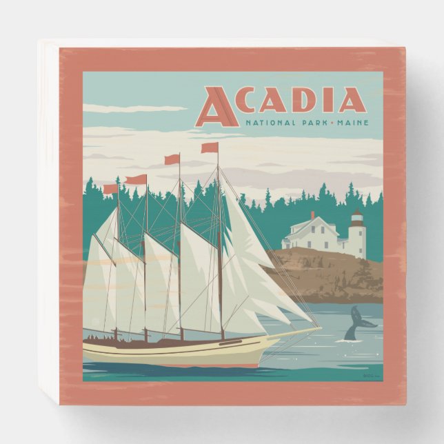 Acadia National Park, Maine | Sailboat & Whale Wooden Box Sign (Front Horizontal)