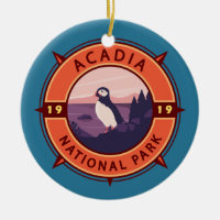 Acadia National Park Puffin Retro Compass Emblem