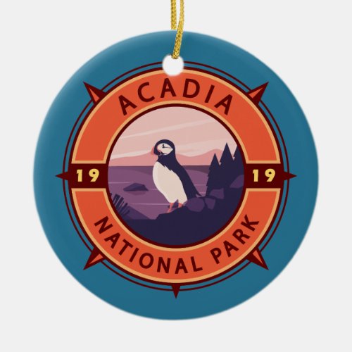 Acadia National Park Puffin Retro Compass Emblem Ceramic Ornament