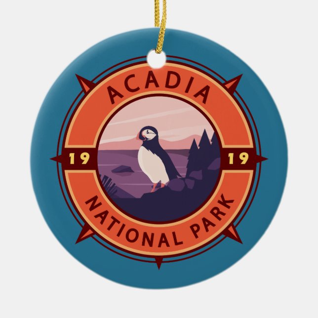 Acadia National Park Puffin Retro Compass Emblem Ceramic Ornament (Front)