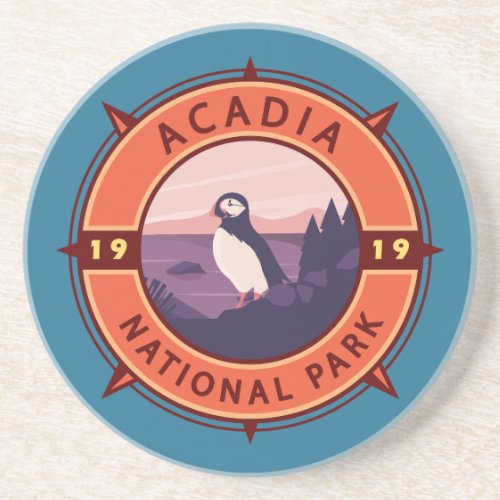 Acadia National Park Puffin Retro Compass Emblem Coaster
