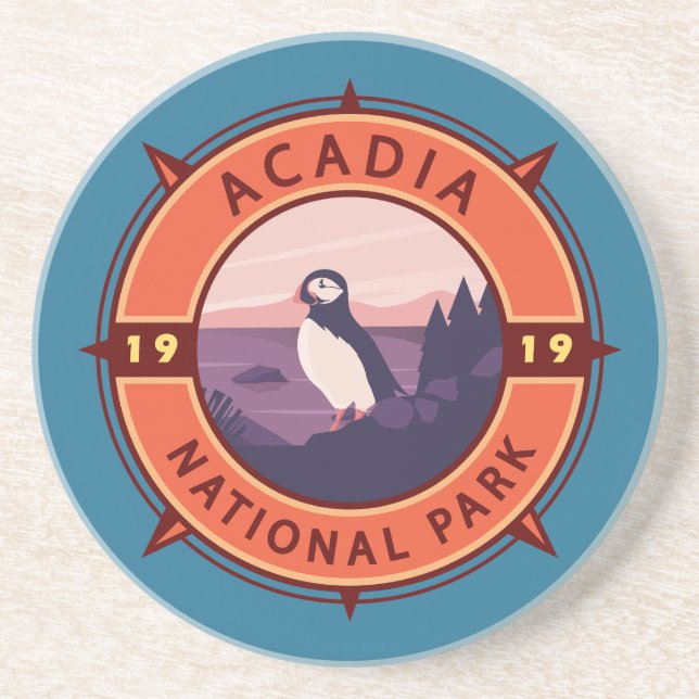 Acadia National Park Puffin Retro Compass Emblem Coaster (Front)