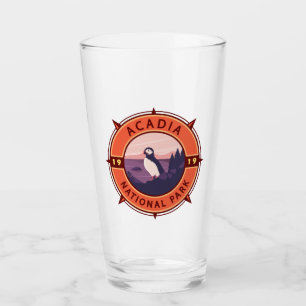 Acadia National Park Puffin Retro Compass Emblem Glass